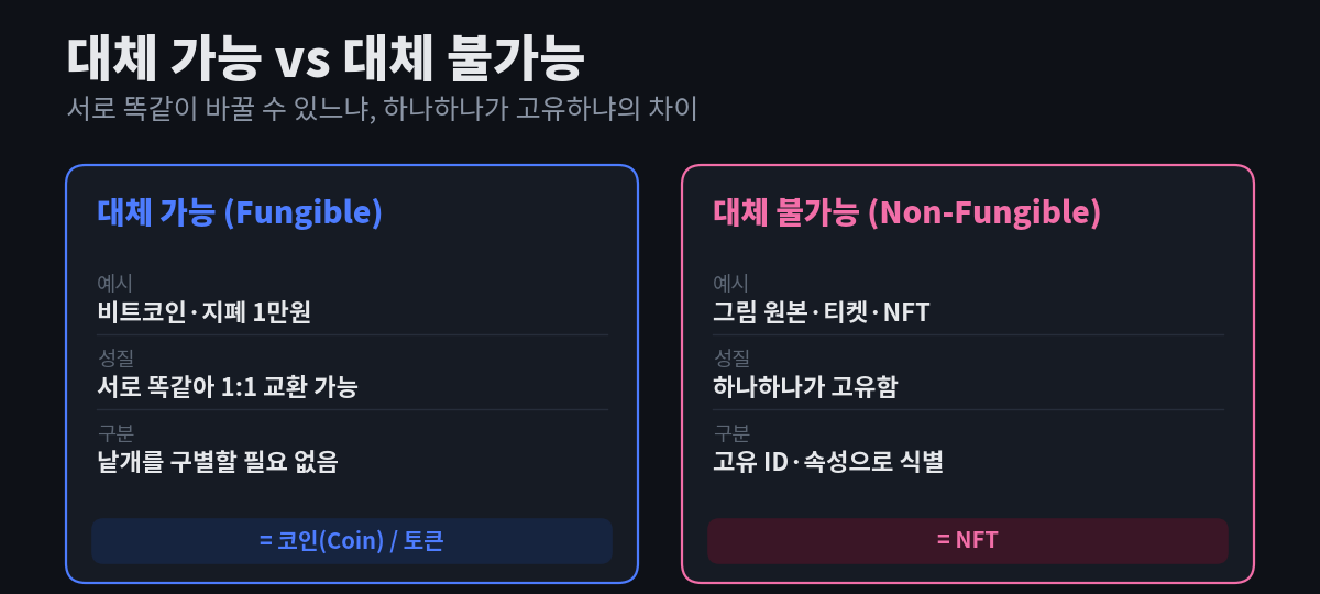 대체 가능(Fungible)은 비트코인·지폐처럼 서로 1:1로 교환 가능하고 코인에 해당하며, 대체 불가능(Non-Fungible)은 그림 원본·티켓처럼 하나하나가 고유해 NFT에 해당한다는 것을 좌우로 비교한 다이어그램
