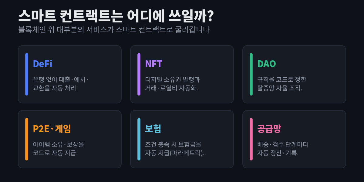 스마트 컨트랙트 활용 사례 — DeFi, NFT, DAO, P2E·게임, 보험, 공급망 — 여섯 가지를 각각 설명과 함께 카드로 정리한 다이어그램