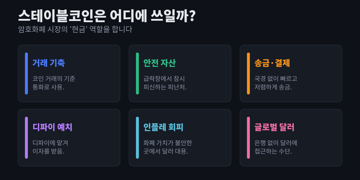 스테이블코인 활용 여섯 가지 — 거래 기축, 안전 자산, 송금·결제, 디파이 예치, 인플레 회피, 글로벌 달러 접근 — 을 각각 설명과 함께 카드로 정리한 다이어그램