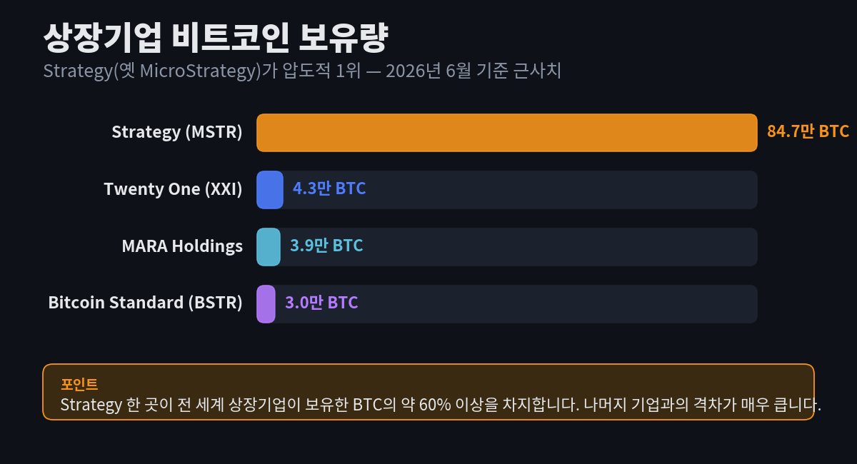 상장기업 비트코인 보유량 막대 차트 — Strategy 약 84.7만 BTC가 압도적 1위이고 Twenty One Capital 약 4.3만, MARA Holdings 약 3.9만, Bitcoin Standard 약 3만 BTC가 뒤를 잇는 모습
