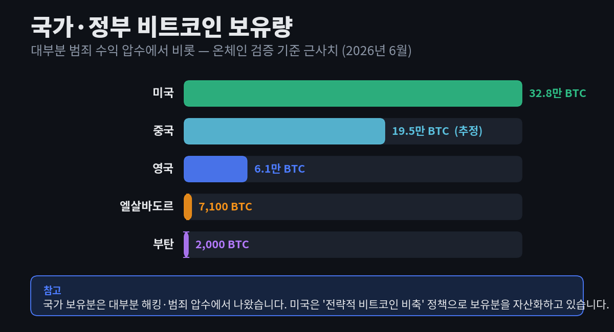 국가·정부 비트코인 보유량 막대 차트 — 미국 약 32.8만 BTC, 중국 약 19.5만(추정), 영국 약 6.1만, 엘살바도르 약 7,100, 부탄 약 2,000 BTC