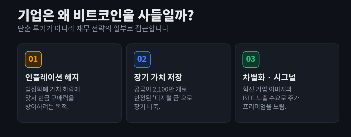 기업이 비트코인을 보유하는 세 가지 이유 — 인플레이션 헤지, 장기 가치 저장(디지털 금), 차별화·주가 시그널 — 을 번호 카드 세 개로 정리한 다이어그램