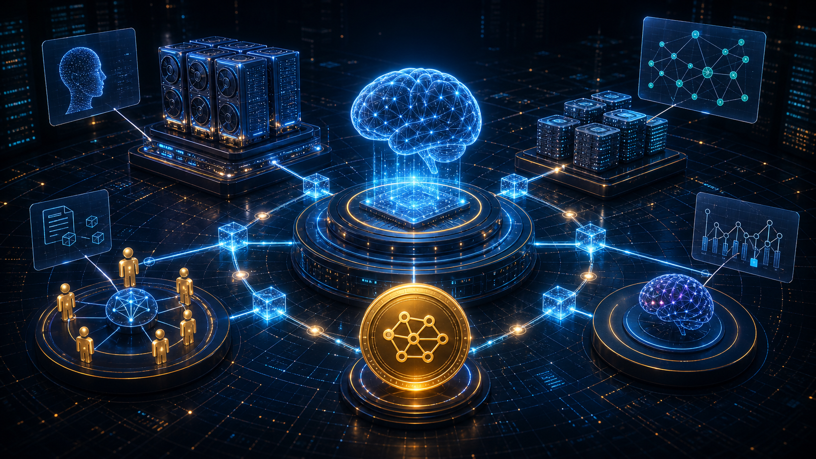 AI 네트워크와 블록체인 토큰이 컴퓨팅, 데이터, 모델 접근을 연결하는 개념 이미지