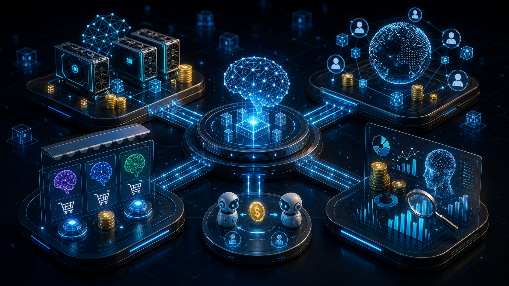 GPU 컴퓨팅, AI 데이터 네트워크, 모델 마켓플레이스, 에이전트 결제 등 AI 코인 테마 이미지