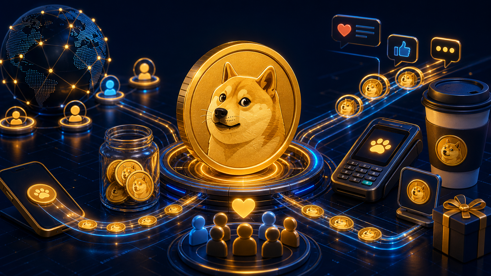 도지코인 DOGE 기본 정보를 상징하는 이미지 — 원조 밈코인, 결제 단말, 팁 문화, 커뮤니티 노드, 빠른 거래 레일이 표현된 장면