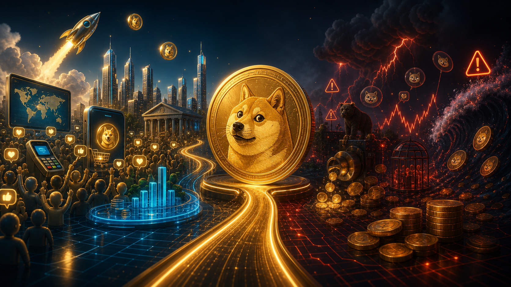 도지코인 DOGE 향후 전망을 상징하는 이미지 — 커뮤니티 성장과 ETF 기대, 인플레이션 공급과 소셜 변동성 리스크가 공존하는 장면