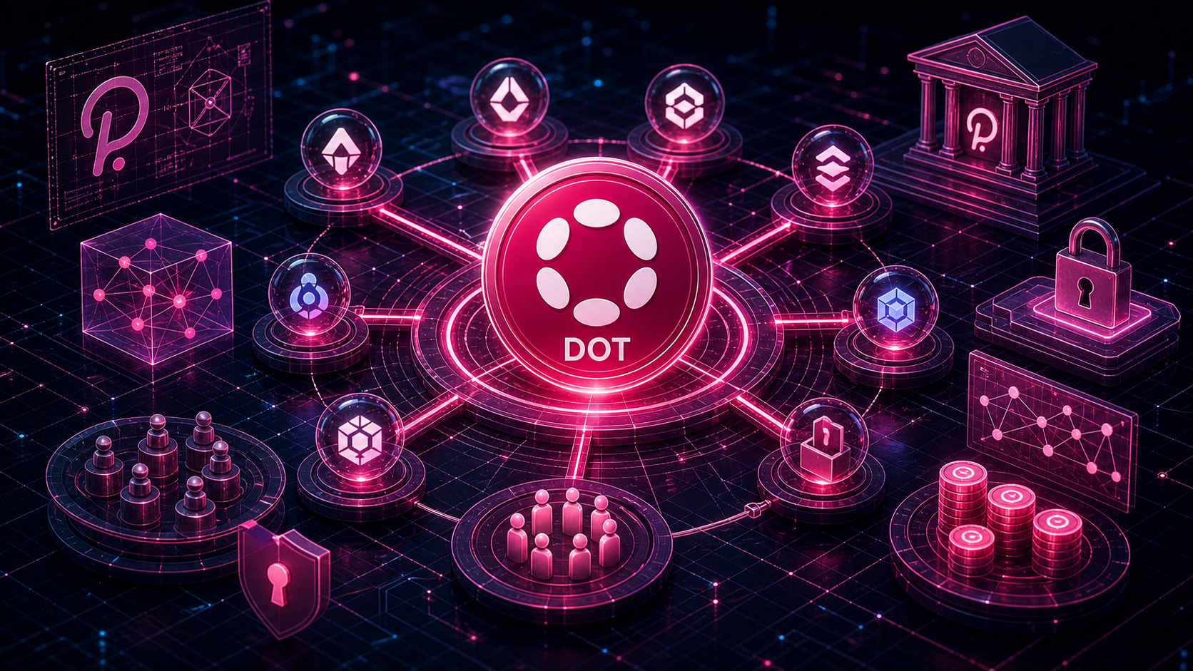 폴카닷 DOT 기본 정보 — 토큰명·심볼·구조(릴레이체인+파라체인)·창시자·용도를 정리한 카드