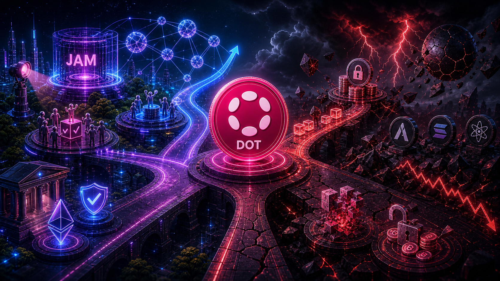 폴카닷 DOT 향후 전망 — 강세 요인과 리스크 요인을 정리한 이미지