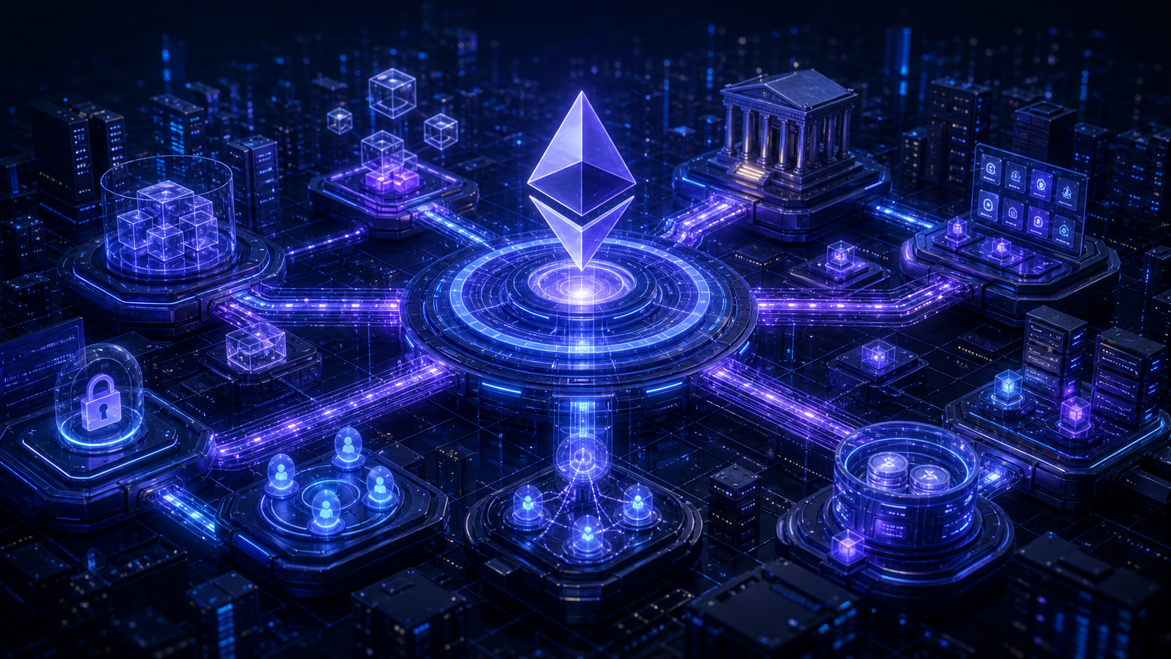 이더리움 ETH 기본 정보를 상징하는 이미지 — 스마트 계약 블록체인, 검증자 노드, 디앱 모듈, 거래 레일이 연결된 장면