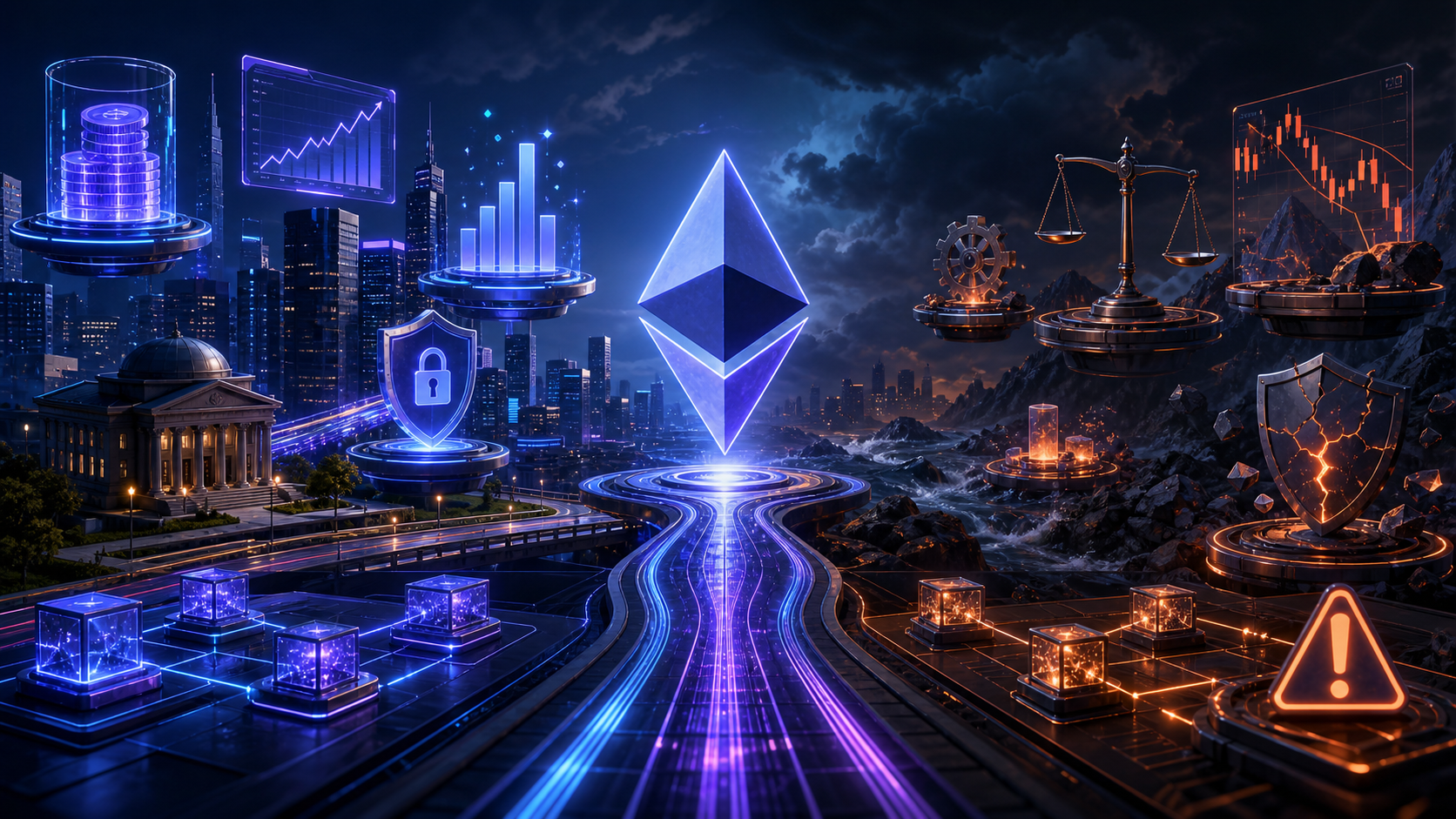 이더리움 ETH 향후 전망을 상징하는 이미지 — ETF 자금, 스테이킹 수요, L2 성장과 경쟁·규제·변동성 리스크가 공존하는 장면
