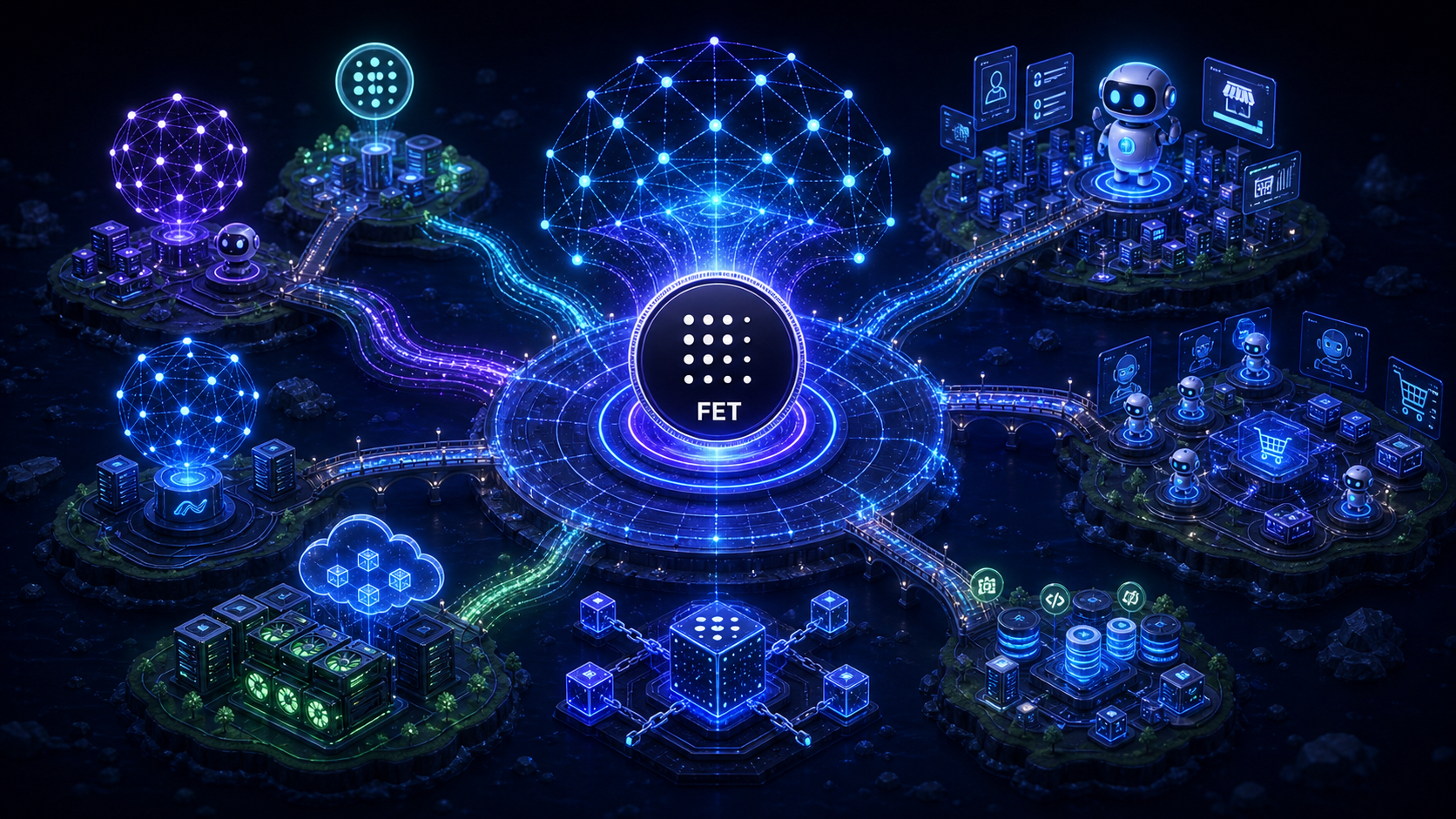 페치AI 생태계 구성 — ASI 얼라이언스, AI 에이전트, ASI:Chain, CUDOS 컴퓨트를 정리한 이미지