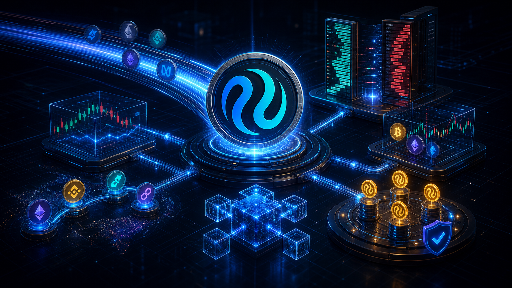 인젝티브 INJ의 빠른 디파이 실행, 분산 오더북, 파생상품 모듈, 상호운용성을 표현한 이미지