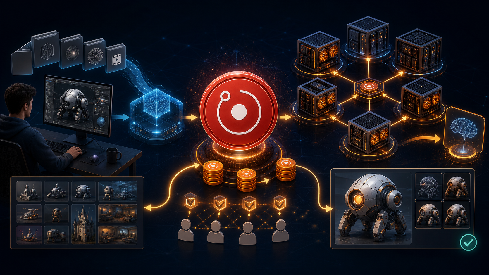 렌더 RENDER의 분산 GPU 공급, 렌더링 작업, 토큰 결제, AI 렌더링, 네트워크 검증을 표현한 이미지