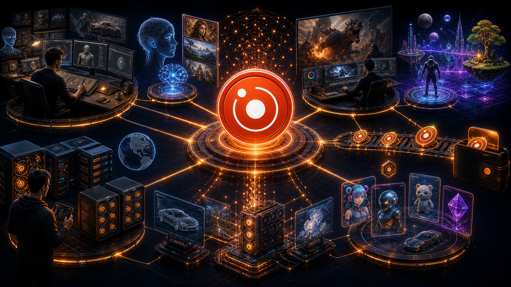 렌더 RENDER의 3D 아티스트, AI 크리에이터, VFX 스튜디오, GPU 노드, 메타버스 자산 생태계를 표현한 이미지