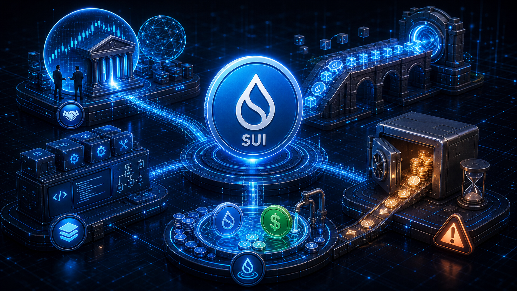 수이 2026년 최근 이슈 — CME SUI 선물, 네이티브 브리지, Sui Stack, USDsui 스테이블, 베스팅 언락을 정리한 이미지
