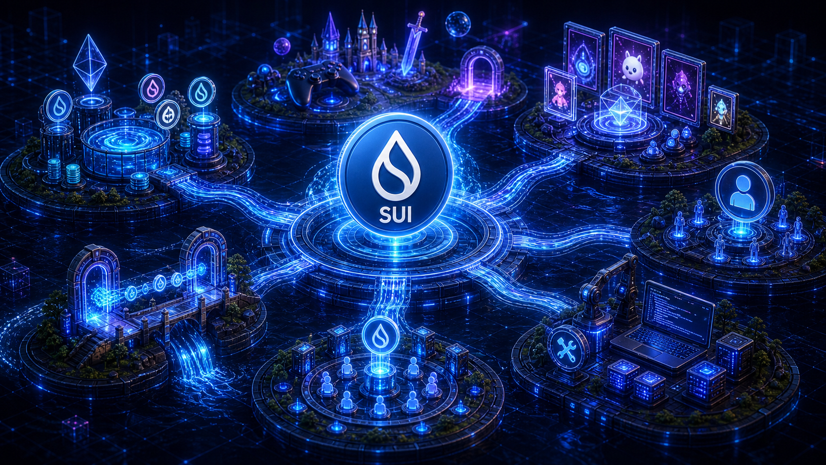 수이 생태계 구성 — L1, 디파이·게임·NFT, 네이티브 브리지, SuiNS·Sui Stack을 정리한 이미지