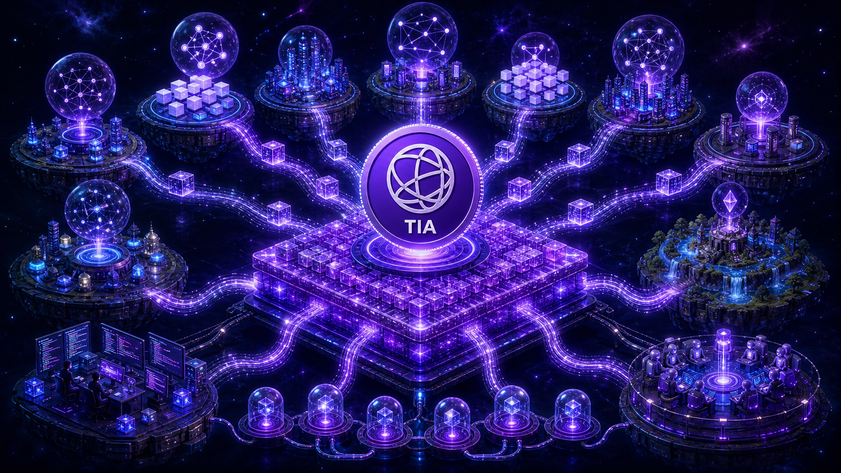 셀레스티아 생태계 구성 — DA 레이어, 롤업·앱체인, Arbitrum Orbit·OP Stack·Polygon CDK 연동을 정리한 이미지